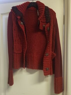 Vintage Free People Red Chunky Button-Up Knit Cardigan
